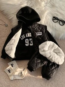 SHEIN 3 Stück/Set Baby Jungen Winter Outfit - Thermisch gefütterter Kapuzenpullover, Sweathose und gepolsterte Weste. Bequemes, vielseitiges, modisches Grundset geeignet für Innen, Außen, Alltag, Sport, Spiel, Party, Festival, Halloween, Weihnachten, Herbst Neujahr