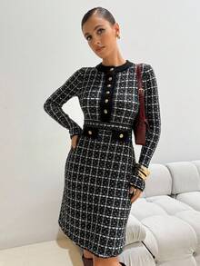 Lavishia Women's Elegant Metal Buckle Plaid Long Sleeve Sweater Dress Women's Winter Sweater  Fall Clothes Winter Plaid Dress