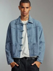 ROMWE MEN Men's Casual Loose Denim Jacket With Single-Breasted Pockets, Autumn - أزرق فاتح اللون - مشاهدة 6