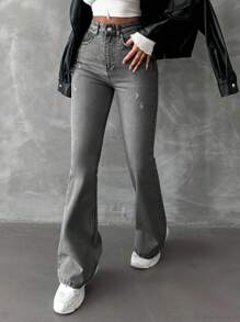 EURMUSE Women's High Waist Distressed Flare Long Jeans - Grey - View 4