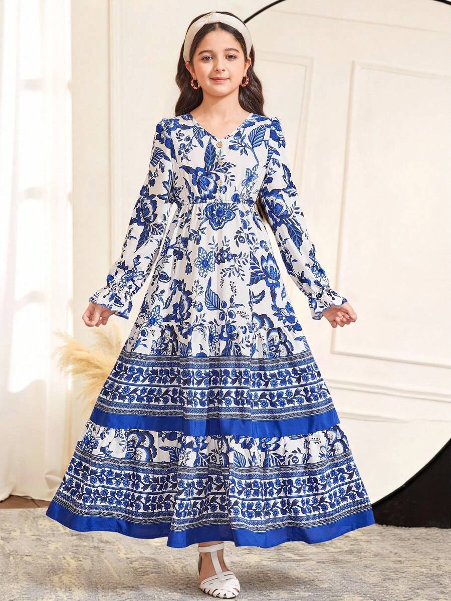 SHEIN Đầm dài tay cổ chữ V giản dị rộng rãi cho bé gái tuổi teen có nút trang trí - Màu xanh lam - Xem 1