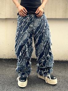 PAVTROS 男士口袋磨边休闲阔腿牛仔裤