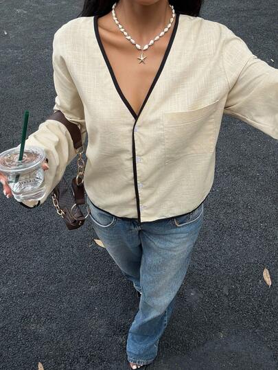 Siren Gaze 100% 纯棉女式撞色镶边 V 领长袖衬衫