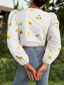 INAWLY Vacation Casual Lemon Print Drawstring Wrap Lantern Sleeve Shirt Fall Cloth For Women - Yellow - View 2