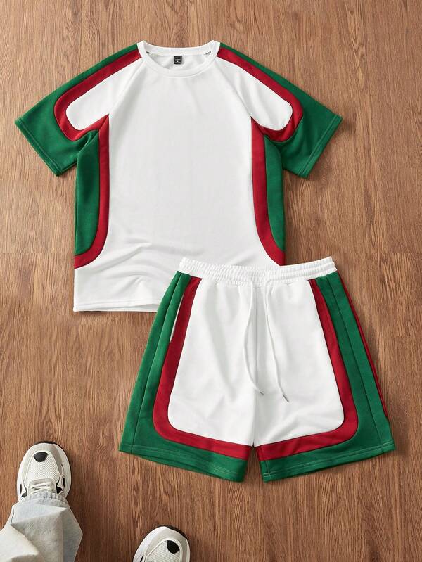 Manfinity Unisex Set de 2 piezas de camiseta y pantalones cortos casuales de moda para hombre con bloqueo de color asimétrico y suelto, adecuado para uso diario, cosas de pareja