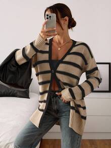 EURMUSE Women Button Front Striped Loose Cardigan,Long Cardigans Woman,Petite Cardigans,Cardigans - Grey - View 4