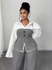 Maweii Plus Size Women 2 Pieces Set: Contrast Color Long Sleeve Shirt Collar Casual Top + Casual Pants Fall Cloth For Women