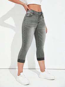 SHEIN ICON Women's Fashion Washed Slant Pocket Denim Capri Pants, Summer