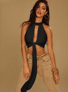 Denimoi Top halter sin espalda con cuello alto y anillo en O - Negro - Ver 5