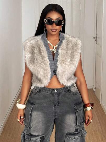 Maweii 秋冬大码女式单排扣短款人造毛皮夹克