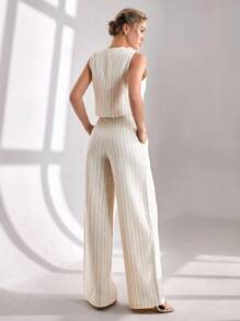CLARA VERO 女士条纹两件套背心和裤子套装 - 米色 - 查看 2