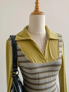 Elamini 黄色条纹拼布二合一衬衫领 V 领半开襟修身长袖 T 恤，时尚简约通勤、办公室、教师、户外、优雅休闲、约会、百搭，适合女性，秋季 - 黃色 - 查看 5