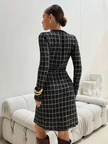 Lavishia Women's Elegant Metal Buckle Plaid Long Sleeve Sweater Dress Women's Winter Sweater  Fall Clothes Winter Plaid Dress