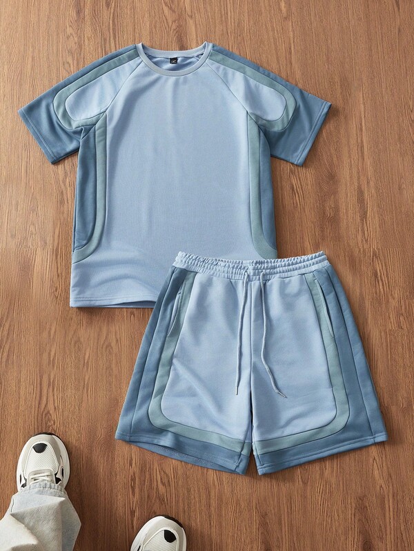 Manfinity Unisex Set de 2 piezas de camiseta y pantalones cortos casuales de moda para hombre con bloqueo de color asimétrico y suelto, adecuado para uso diario, cosas de pareja