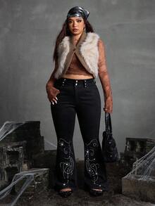 Flirla Plus Size Jeans Punk Western Pants Cowgirl Pants Graphic Jeans Cowboy Pants For Women Goth Pants - Black - View 6