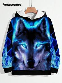 Tween Boy Cool Wolf Digital Printed Hooded Sweatshirt, Casual Street Style - Black - View 1