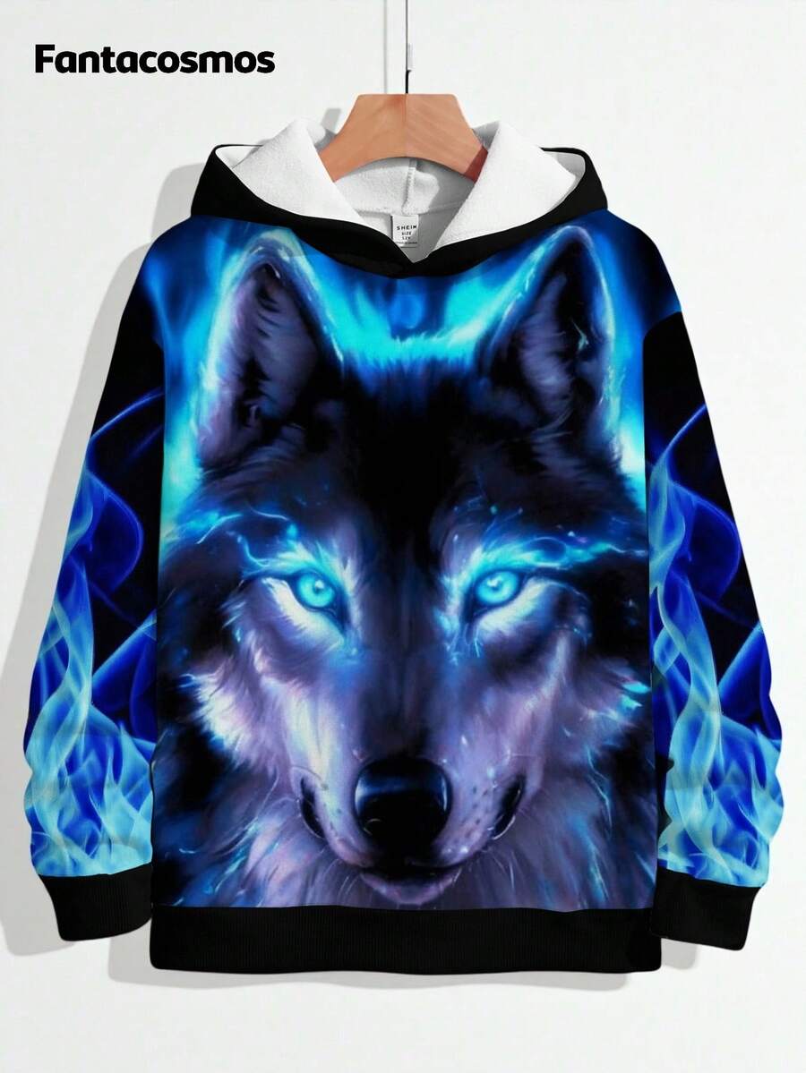 Tween Boy Cool Wolf Digital Printed Hooded Sweatshirt, Casual Street Style - Black - View 1