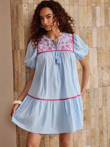 Glamance Vecteezy 女士花卉刺绣流苏系带领宽松泡泡袖休闲连衣裙外出秋季优雅连衣裙新年 - 藍色 - 查看 3