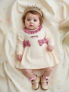 SHEIN Autumn New Arrival Newborn Baby Girl Elegant Sweet Cute Simple Casual Style Bow Princess Dress, Long Sleeve Romper Fall Winter
