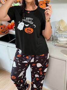 SHEIN Halloween Element Print Plus Size Knit Short Sleeve Pajama Set - Black - View 1