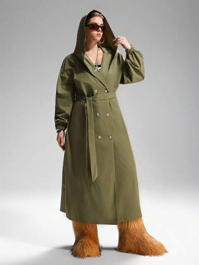 LYSMO 大码女式纯色灯笼袖休闲宽松长款连帽夹克