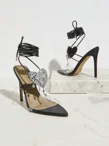 SHUZIA Women Elegant Heart Shape Rhinestone Decor Black Cross Strap High Heel Sandals - Black - View 4