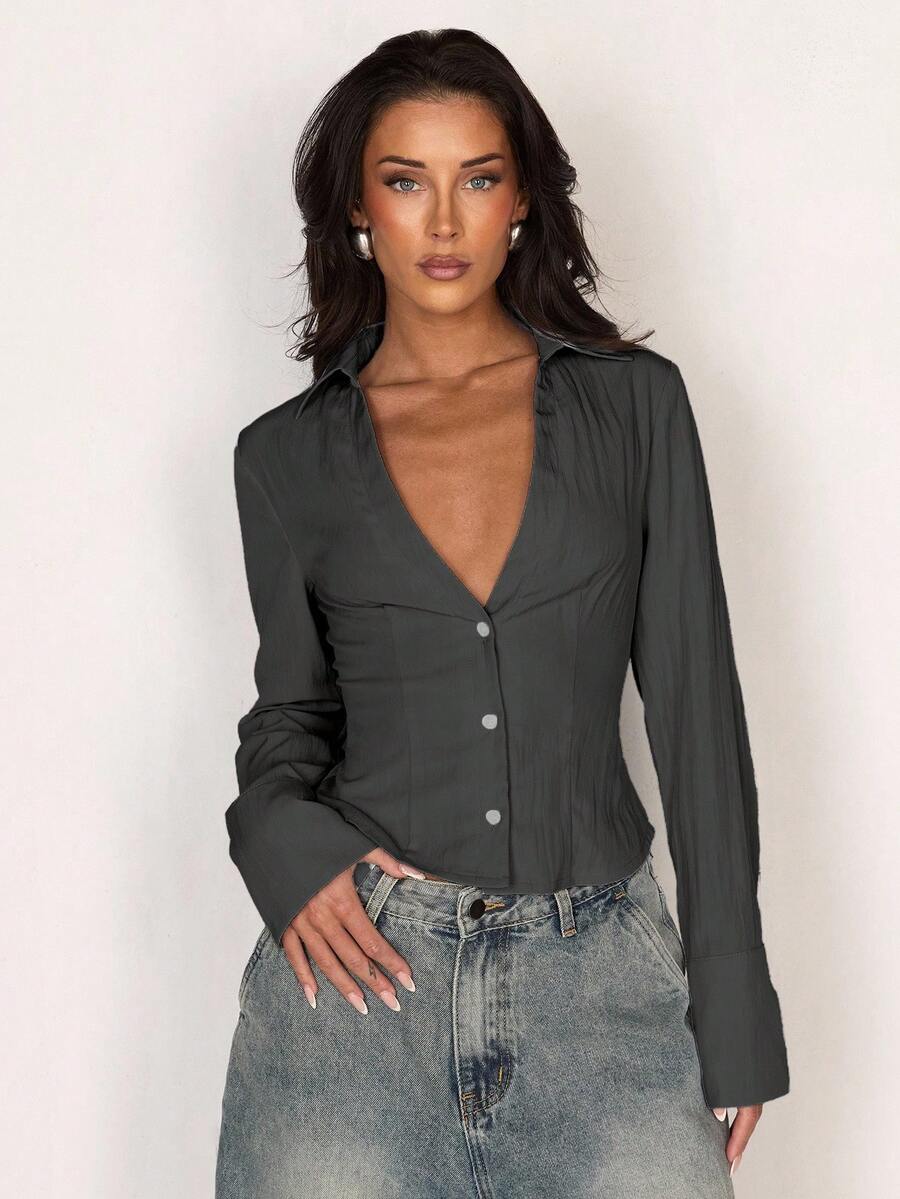 SHEIN Glamour 女式长袖修身V领衬衫秋季女装返校季 - 深灰色 - 查看 1