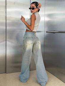 CasuGlow 100% Cotton LOW RISE WIDELEG CUT VINTAGE WASH Y2K STYLE JEAN - Medium Wash - View 2