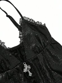 Shutterstock Y2Kool Black, Crocodile Embossed, Lace Patchwork, Metal Cross, Goth, Halloween, Street Style, Sexy, Casual Women Camisole Tank Top, Suitable For Summer, Autumn, Vacation, Gathering, Party, Daily Wear Black Babydoll Top Gothic Top Black Lace Cami Top Black Gothic Top Black Lace Trim Top Gothic Bathing Suit Gothic Tops Gothic Summer Clothes Sequin Romper Y2K Clothes Matching Idea Stylish Clothing Collection New Year Outfits