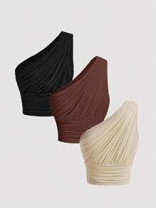 SHEIN MOD 3件套女士弹力修身短款褶皱单肩上衣，优雅上衣，外出上衣，休闲，返校季，演唱会，Y2K风格上衣，波西米亚风女装，锐舞派对，音乐节 - 彩色 - 查看 2