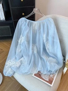 GlowEve CURVE Áo sơ mi thêu hoa thường ngày/công sở cỡ lớn - Màu xanh lam - Xem 2