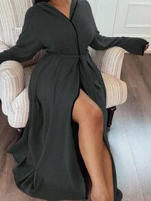 SHEIN Soft Knit Gauze Casual Hooded Loungewear Plus Size Robe, For Fall & Winter, Cozy Outfit - Dark Grey - View 4
