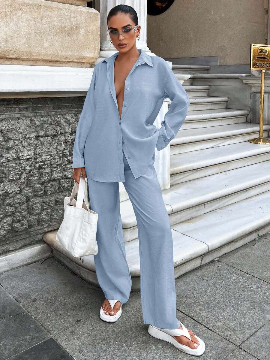 Cottnline Solid Button Front Shirt & Wide Leg Pants - Baby Blue - View 1