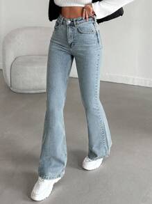 EURMUSE Jeans acampanados de algodón al 98% lavados con bolsillos en ángulo - Celeste - Ver 4