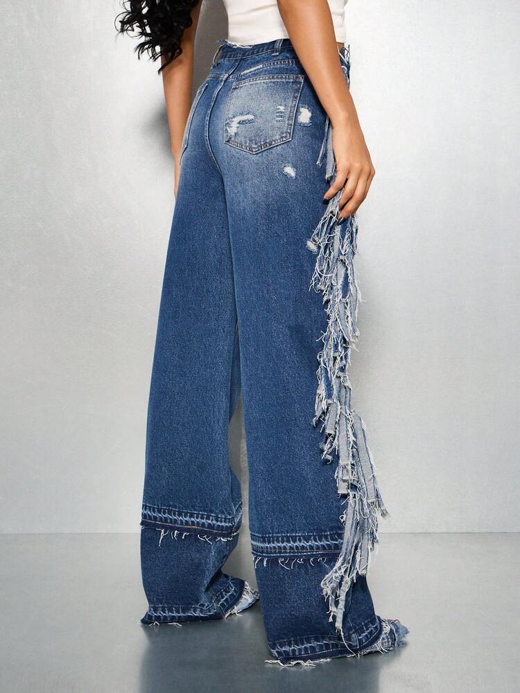 SUMWON WOMEN Distressed Baggy Jeans With Dramatic Side Fringe Detail