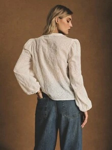 Poéselle White Eyelet Lace Tie-Front Puff-Sleeve Blouse , Romantic Cottagecore Statement Top, Eyelet Blouse, Tie Front Top, Puff Sleeve Blouse, White Lace Shirt, Cottagecore, Vintage Inspired Top, Feminine Fall Look, Boho Chic Blouse, Women's Floral Embroidery Front Tie Lantern Sleeve Casual Shirt, Simple And Fashionable, Suitable For Daily Wear, Going Out, Commuting, Dating, Home And Other Occasions - White - View 6