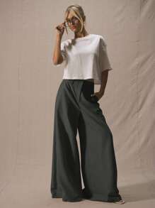 MUSERA 修身超宽腿腰带环长裤，可爱度假优雅商务休闲风，适合毕业舞会、婚礼宾客、生日派对、秋季工作、办公室、返校、夜间外出、秋季约会、春季等场合。 - 深灰色 - 查看 1