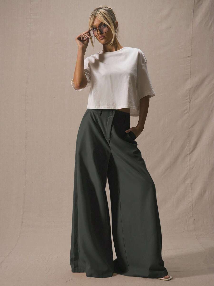 MUSERA 修身超宽腿腰带环长裤，可爱度假优雅商务休闲风，适合毕业舞会、婚礼宾客、生日派对、秋季工作、办公室、返校、夜间外出、秋季约会、春季等场合。 - 深灰色 - 查看 1