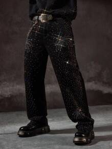 ROMWE MEN Street Life Men's Rhinestone Embellished Pocket Wide Leg Loose Jeans - Black - View 3