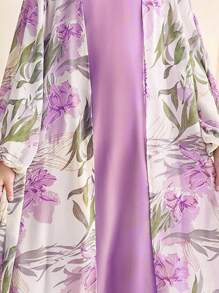 SHEIN Tween Girl Elegant Floral Printed Oversized Loose Fit Traditional Long Sleeve Jacket And Solid Purple Color Round Neck Sleeveless Dress 2pcs/Set 2 Pieces Set, For Spring Summer