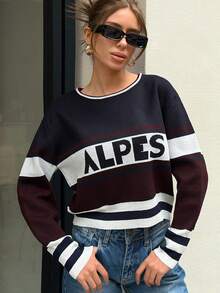 EURMUSE Women Round Neck Alpes Letter Ski Jacquard Multicolor Striped Casual Sweater Pullover,Jumper,Cream Jumper,Jumpers,Black Jumper,Womens Jumper,White Jumper,Women's Jumper,Women's Jumpers,Winter Clothes - Black - View 4