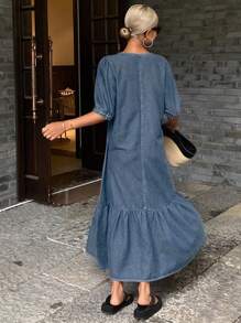 Livesso Women's Elegant Single-Breasted Puff Sleeve Casual Loose Denim Dress, Spring/Summer