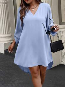 EMERY ROSE 大码休闲通勤纯色不对称下摆连衣裙 - 淺藍色 - 查看 5