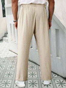 Manfinity Homme Pantaloni casual in lino da uomo taglie forti, con cuciture frontali, colore tinta unita, adatti per l'autunno - Cachi - Visualizzare 5