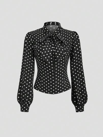 Sweetra Vintage Polka Dot Bowknot Blouse, Fashionable Elegant Lady Design Sense Ribbon Decor High-End Versatile Women Shirt, Autumn