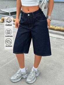 EURMUSE 女式低腰长款直筒短裤深蓝色水洗 - 深色水洗藍 - 查看 1