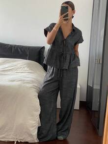 Livesso 女士夏季短袖翻领宽松长裤两件套度假装 - 黑色 - 查看 6