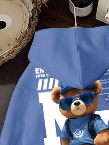 Young Boys Casual Minimalist NY Cartoon Bear Pattern Comfortable Thick Knit Long Sleeve Hoodie Sweatshirt,In Fall/Winter