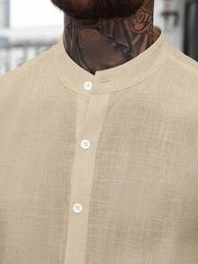 Manfinity CasualCool 男士纯色前扣休闲长袖衬衫，男士棉质衬衫，男士，长袖上衣，男士秋季户外2025秋季男士衬衫，秋季 - 卡其色 - 查看 6