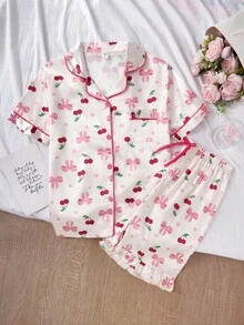 2pcs Summer Pajama Set For Women, Thin Bowknot, Cherry & Heart All-Over Print Short Sleeve Top And Shorts